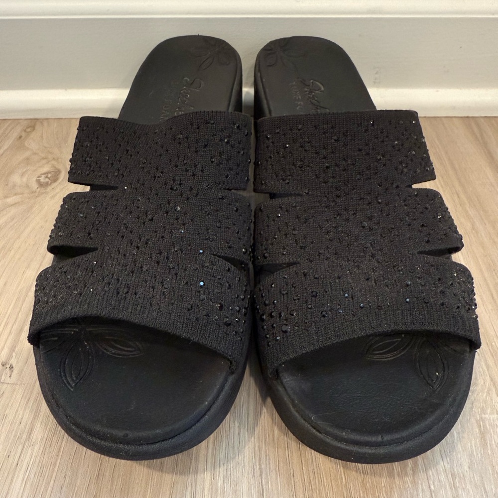 Skechers Luxe Foam Black Rhinestone Comfort Slide Sandals Size 8